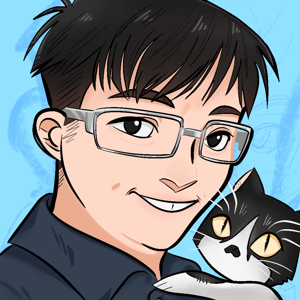 Illustration of Owen with a Huggable cat